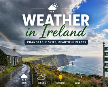 Weather in Ireland with cloudy skies, sunshine and rain over the Irish landscape