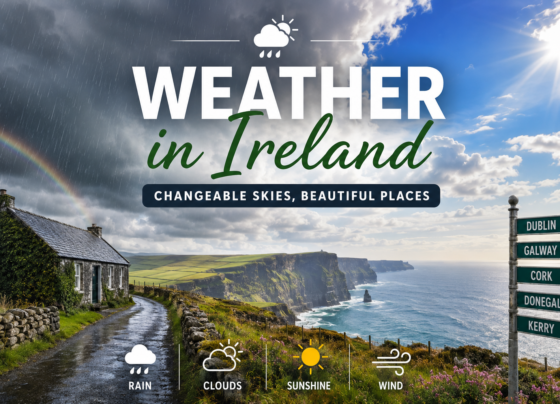 Weather in Ireland with cloudy skies, sunshine and rain over the Irish landscape