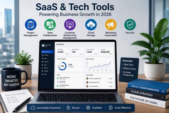 Business professionals using SaaS platforms and digital technology tools in a modern Irish office.