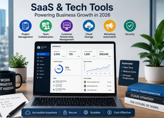 Business professionals using SaaS platforms and digital technology tools in a modern Irish office.